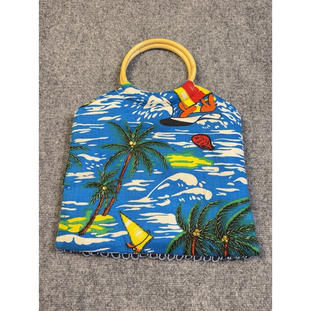 Tropical Hawaiian Beaded Handbag Bamboo Handles Palm Tree Beach Purse Boho